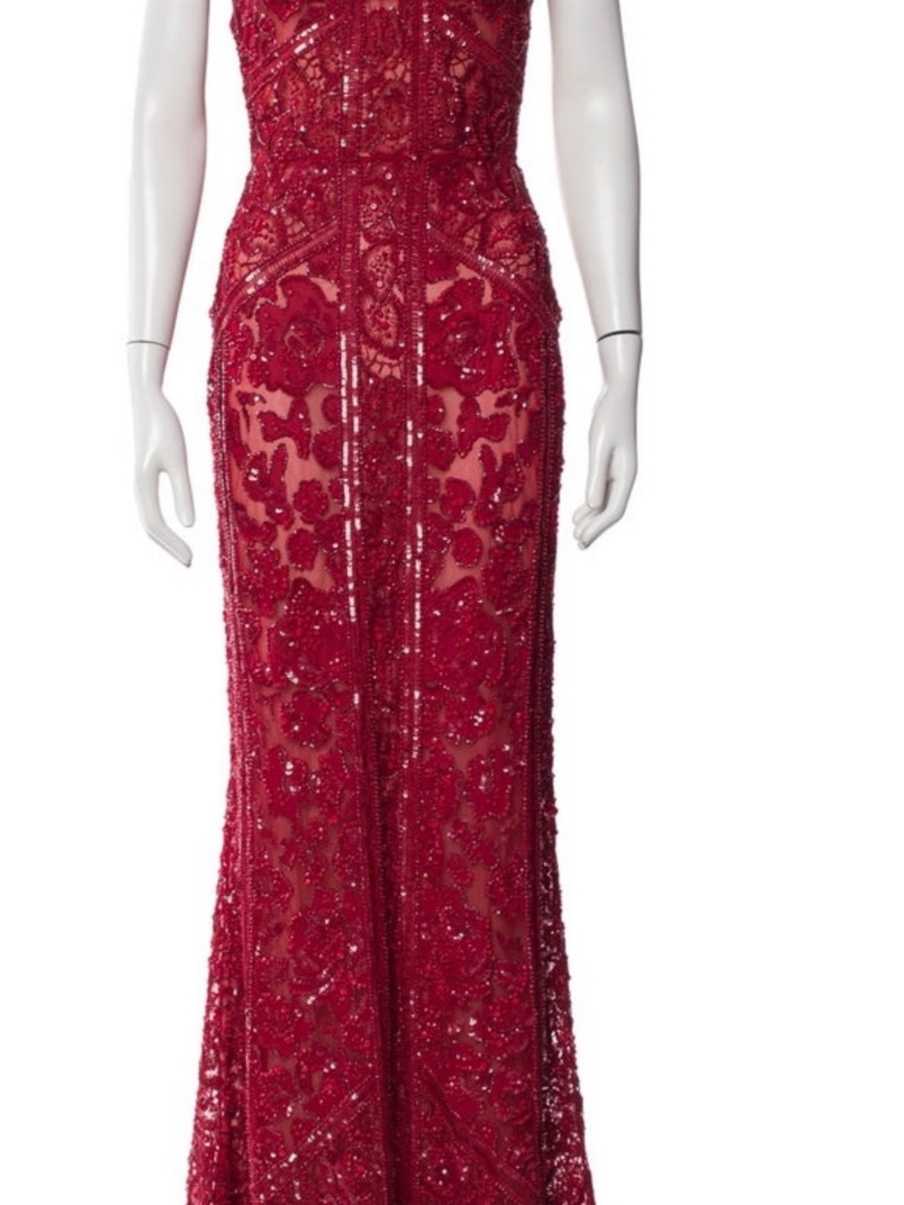 Elie Saab Red Beaded Lace Maxi Gown